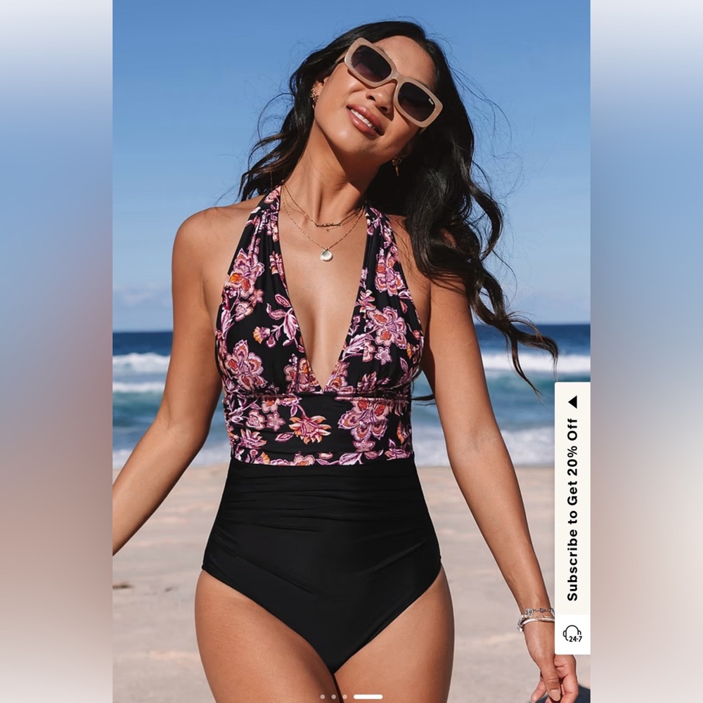NWT Cupshe Black Halter One-Piece Swimsuit with Pink Floral Top